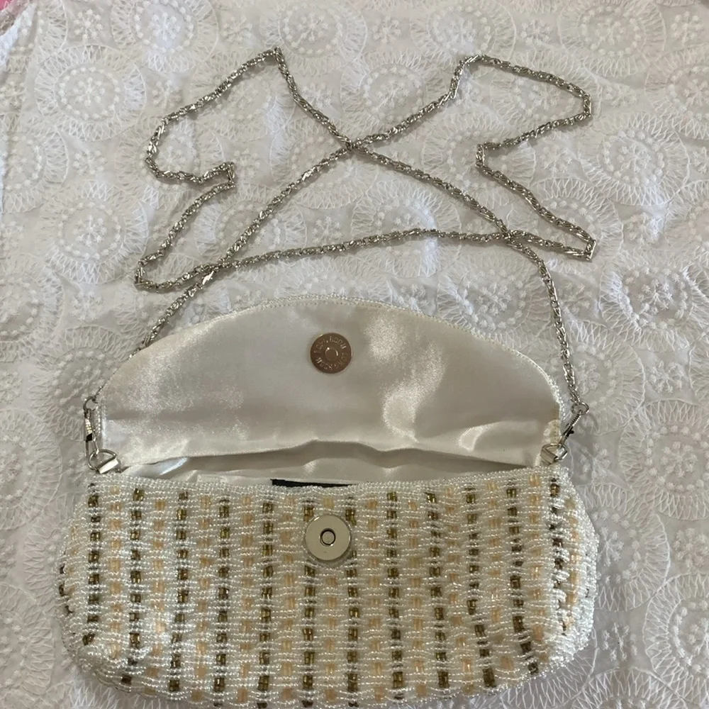 Moni Couture stunning ivory bronze beaded clutch shoulder evening formal bag EUC